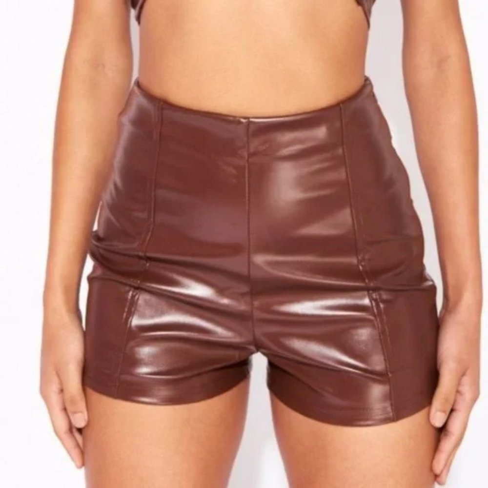 Brown Faux Leather Vegan Leather High Waist Shorts